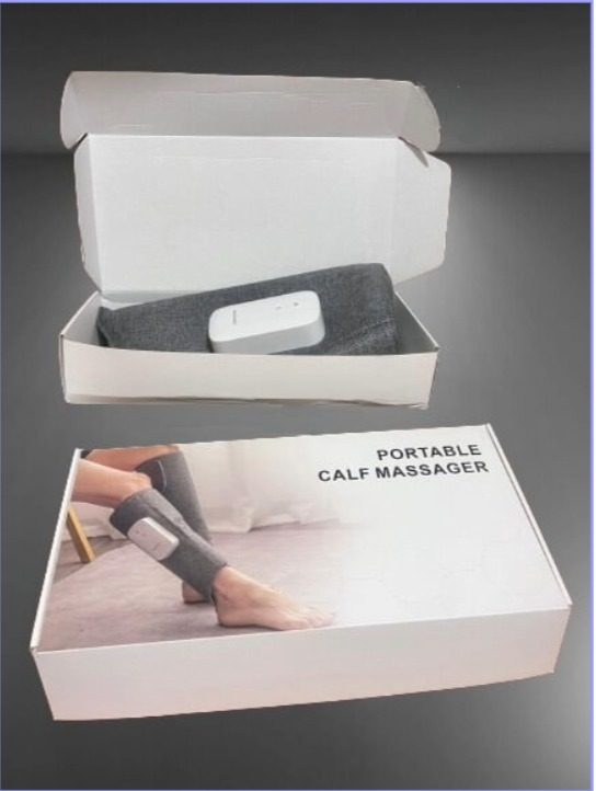 The Cliconnect wrap folded inside its open retail box, next to the printed Portable Calf Massager sleeve